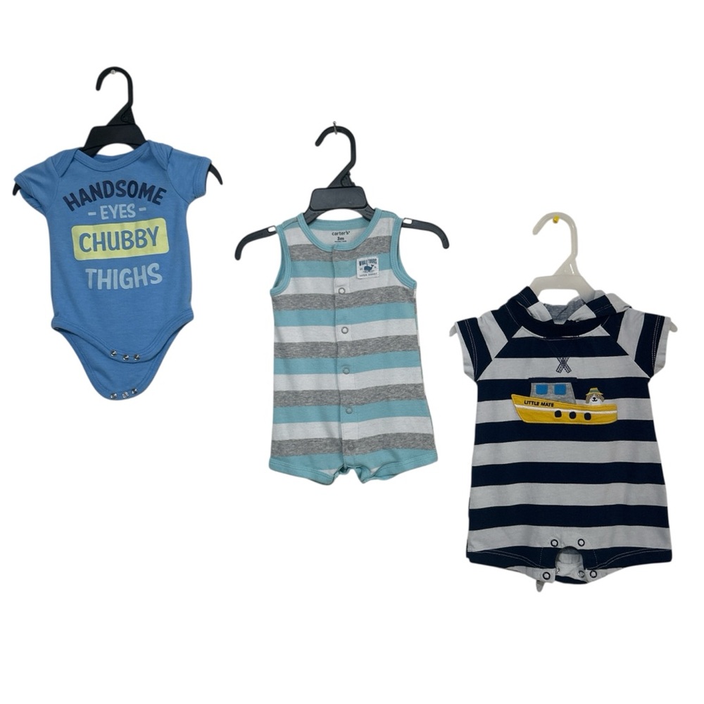Carter’s & Swiggles Baby Boy 0-3M Nautical Whale & Slogan Romper Bundle
